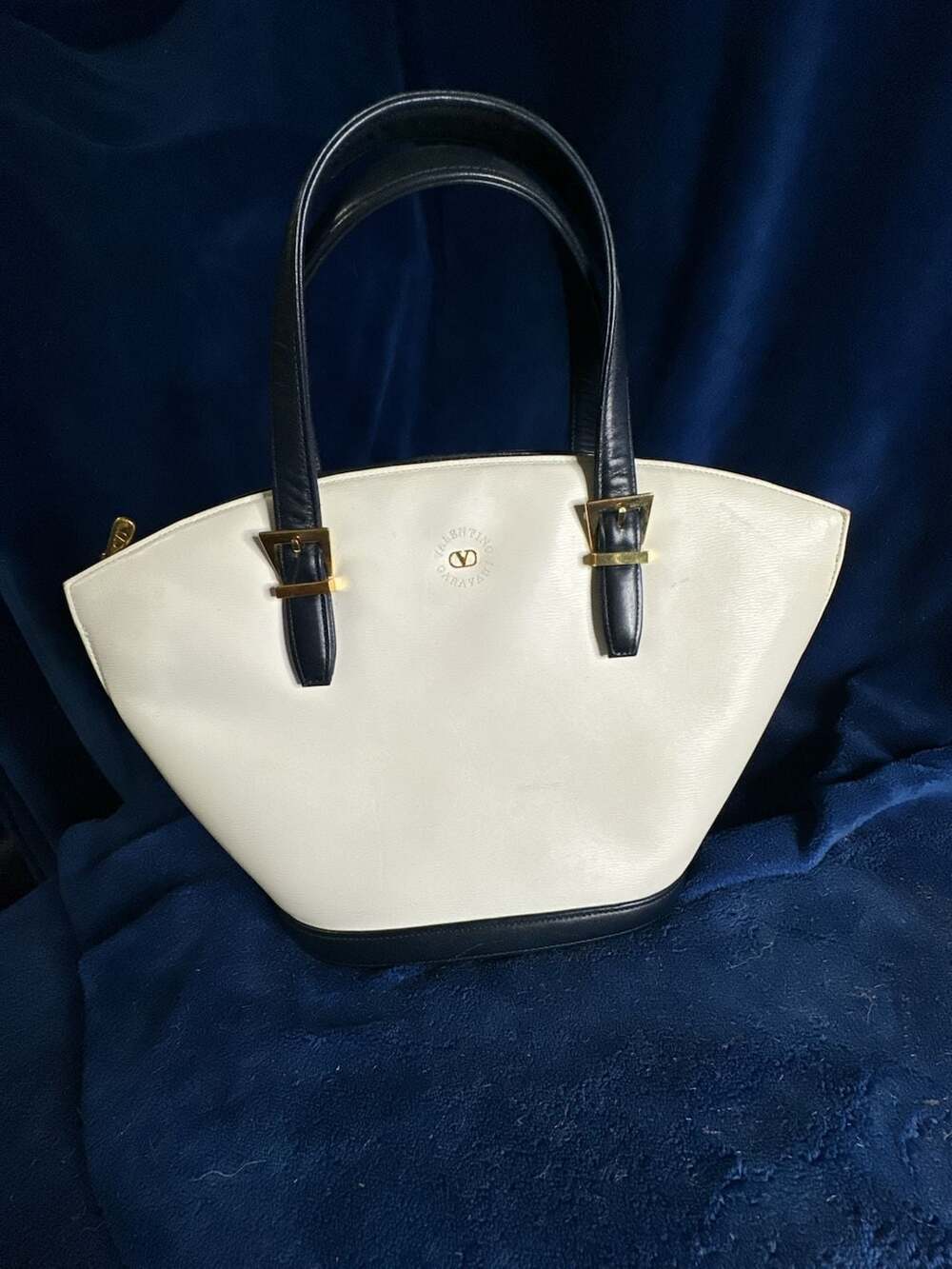 Valentino Garavani Vintage Two-Tone White and Navy Leather Satchel